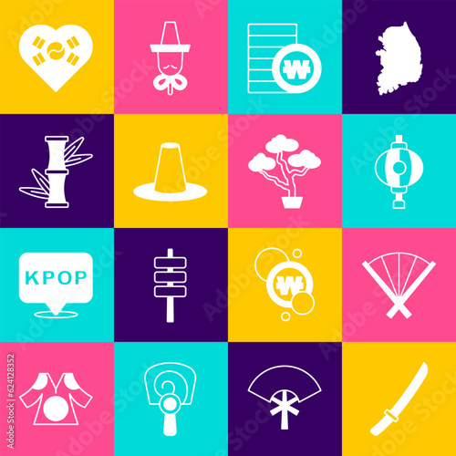 Set Katana, Traditional fan, Korean lantern, South won coin, hat, Bamboo, Love with heart and Bonsai tree icon. Vector