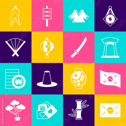 Set South Korea flag, Korean gate, Kimono, lantern, Traditional fan, Ginseng root and Katana icon. Vector