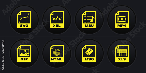 Set GIF file document, MP4, HTML, MSG, M3U and XSL icon. Vector