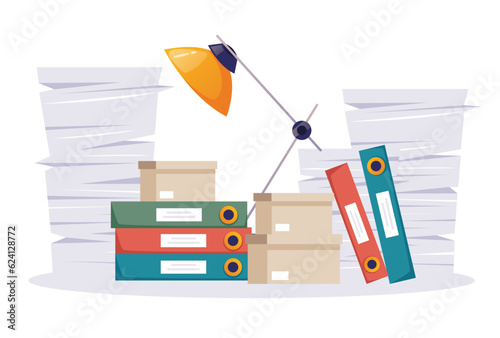 Paper file stack desk box office pile document concept. Vector graphic design illustration 