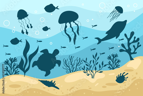 Underwater sea ocean world fish abstract concept. Vector graphic design illustration  