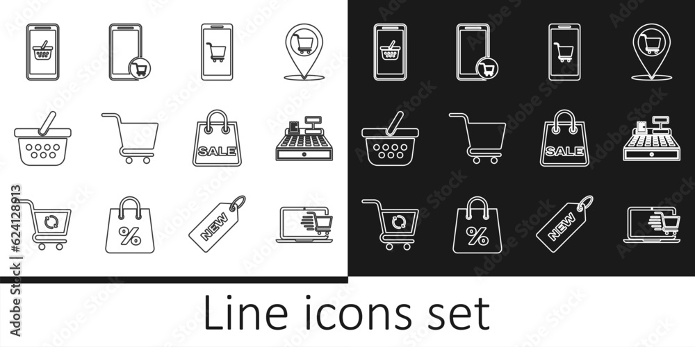 Set line Shopping cart on laptop, Cash register machine, Mobile and shopping, basket, bag with Sale and icon. Vector