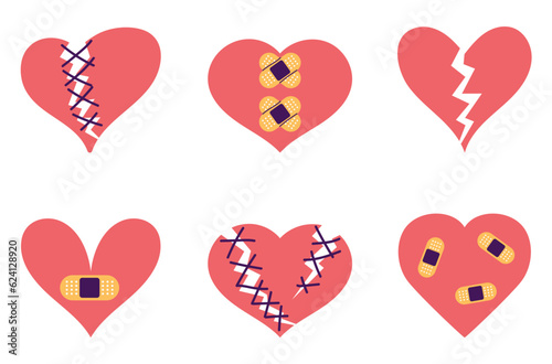 Broken heart sad character face bandage crack isolated set. Vector graphic design illustration