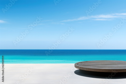 Empty podium black wood on white stone table top with blur sea and blue sky background. Summer Vacation Concept. High quality photo © oksa_studio