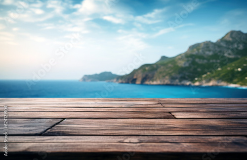 Wooden Table Top And Blur mountain and sea blue sky of the Background. High quality photo