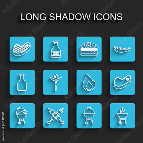 Set line Barbecue grill, Grilled shish kebab, Steak meat, Sausage on the fork, and Fire flame icon. Vector