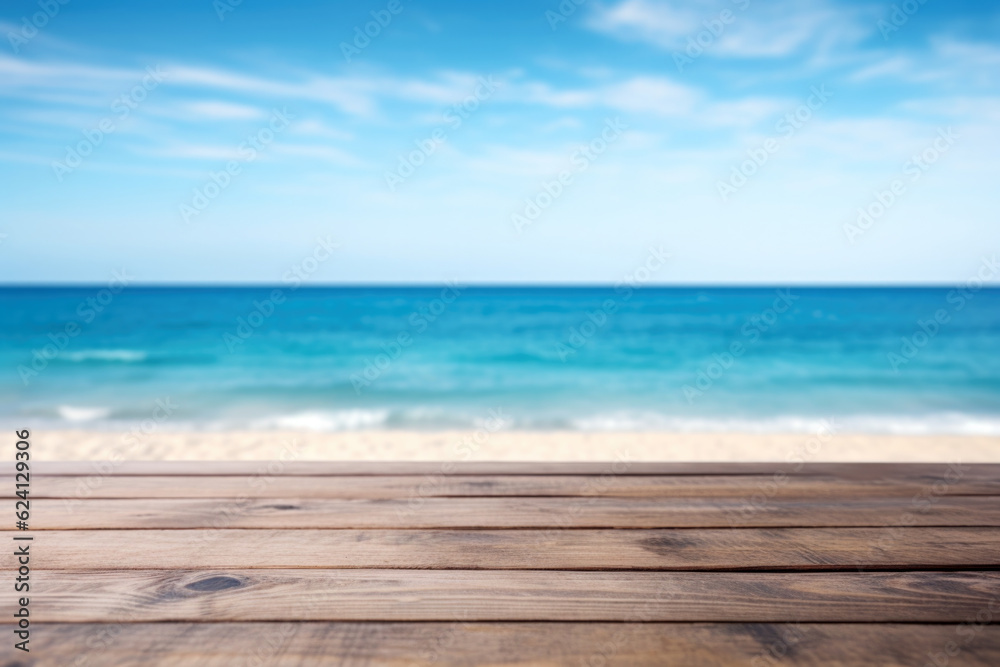 Wooden deck table on the background of the beach ocean scape and blue sky background. High quality photo Wooden deck table on the background of the beach ocean scape and blue sky background. High quality photo