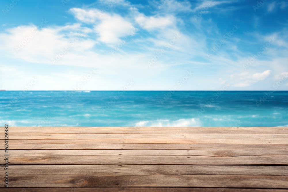 Wooden deck floor on the background of the sea and blue sky background. High quality photo