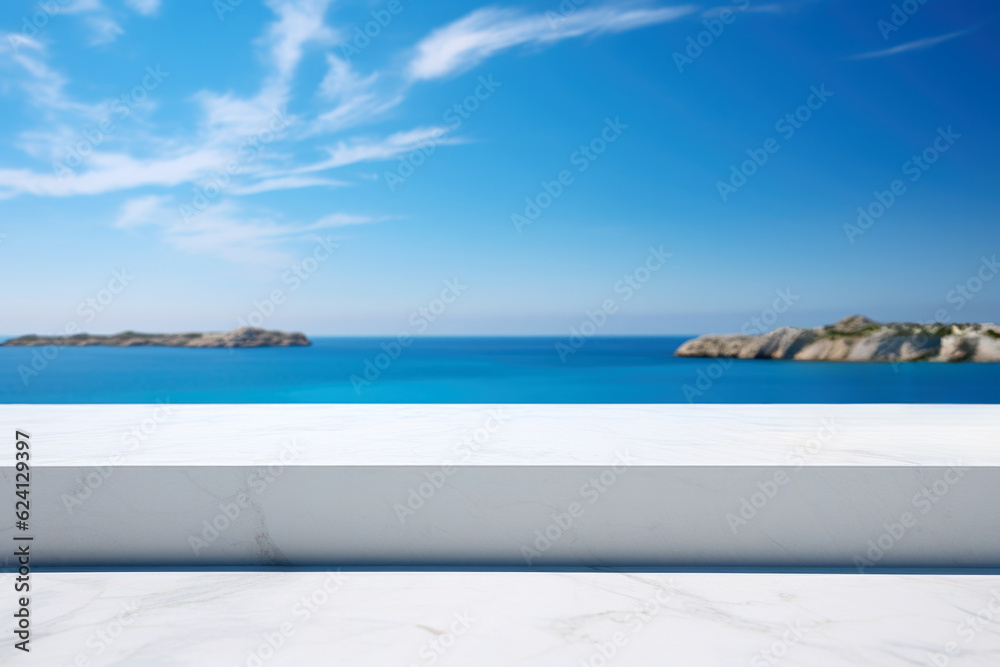 White marble table top with sea view background - can be used for display or montage your products. High quality photo