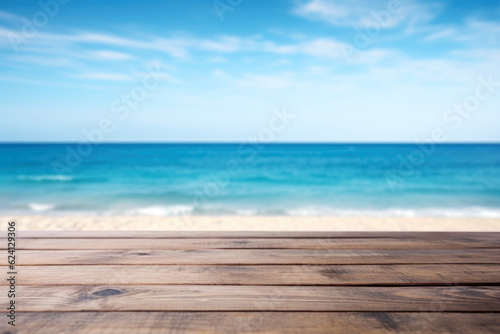 Wooden deck table on the background of the beach ocean scape and blue sky background. High quality photo