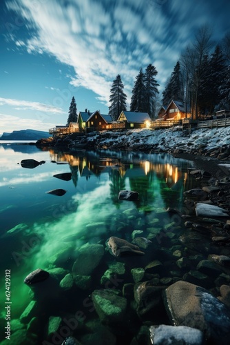 A lake with rocks in the foreground and a cabin in the background. Generative AI. © tilialucida