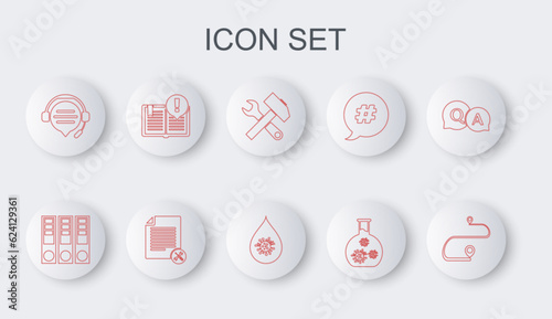 Set line Route location, Office folders, Crossed hammer and wrench, Test tube with virus, Headphones speech bubble chat, Interesting facts, File document service and Dirty water drop icon. Vector