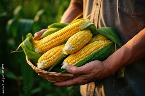 Nahaufnahme, ein Bauer hält mit seinen Händen ein Korb frisch geernteter, gelber Maiskolben, Generative AI © Jennifer