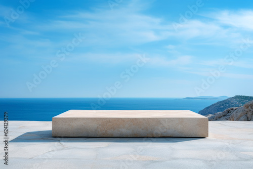 Empty marble podium on the beach with sea and blue sky background. High quality photo