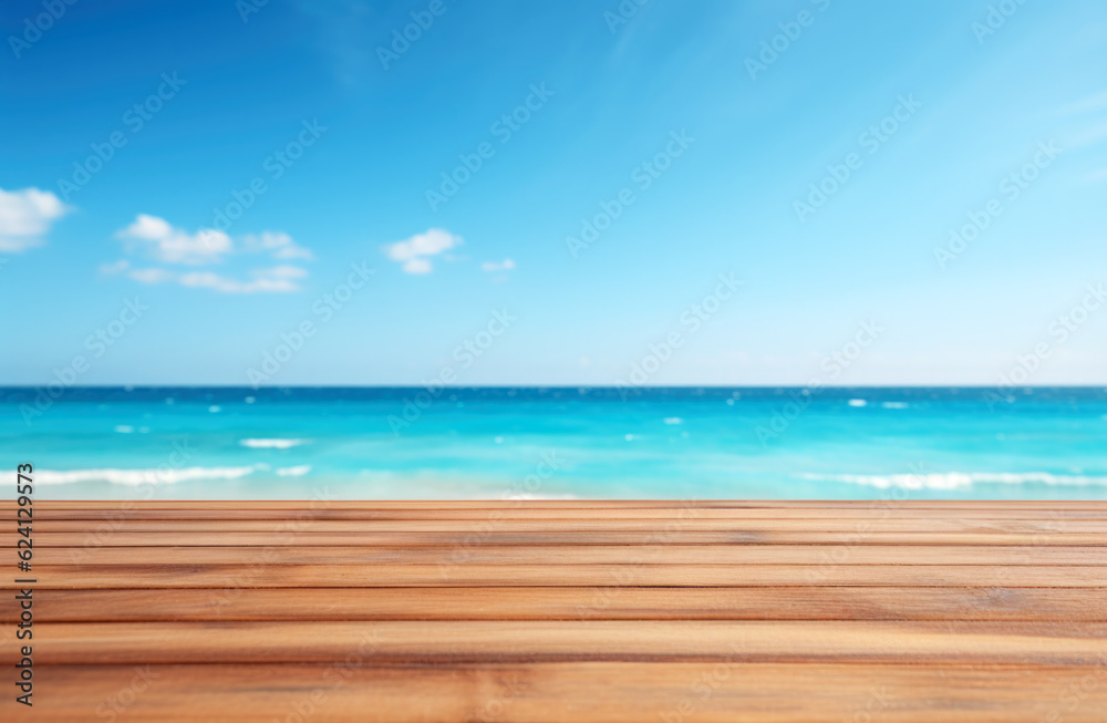 Wooden table top on blur beach background - can be used for display or montage your products. High quality photo