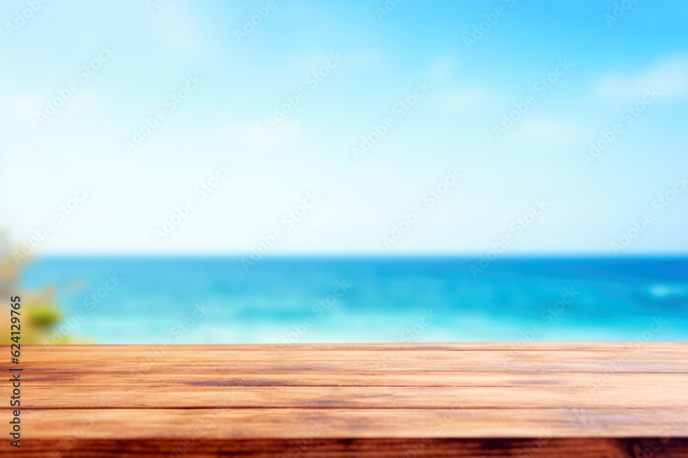 Wooden table top on blur beach background - can be used for display or montage your products. High quality photo