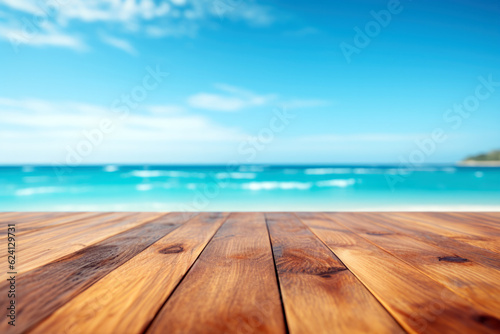 Wood floor deck on blur beach background - can be used for display or montage your products. High quality photo