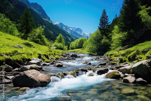 Mountain stream with fast water in summer time in Kazakhstan