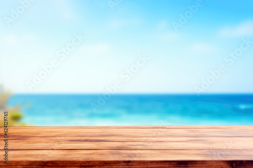 Wooden table top on blur beach background - can be used for display or montage your products. High quality photo © oksa_studio