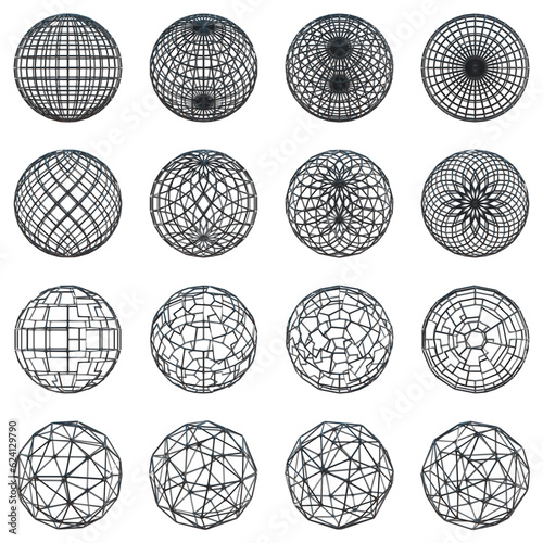 Set of black globes, Set of 3d sphere with transparent background, PNG, Black