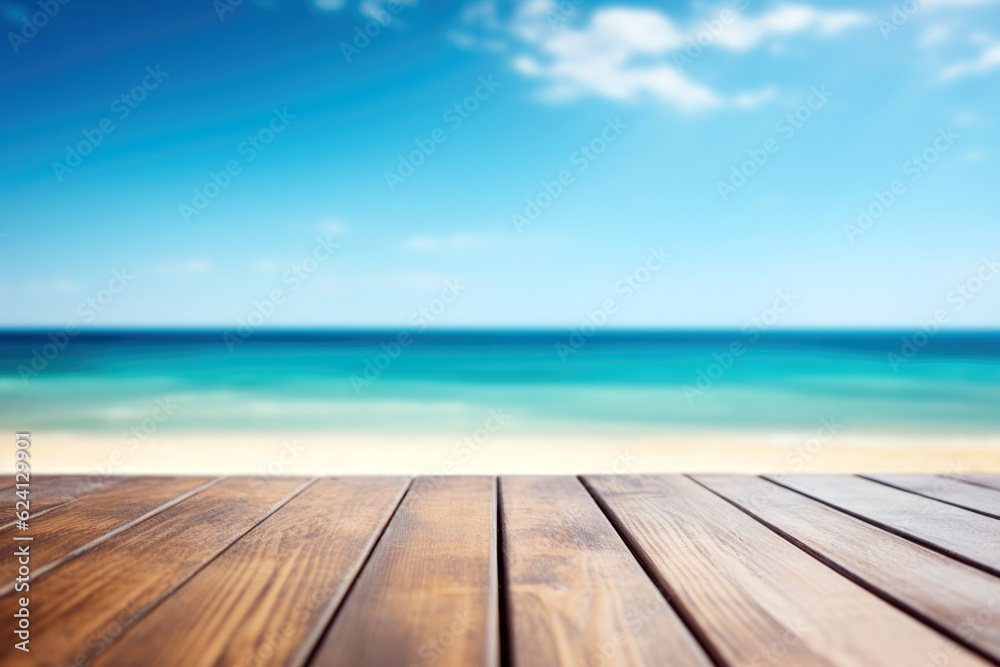 Wooden floor with blue sky and sea background. Summer concept. High quality photo Wooden floor with blue sky and sea background. Summer concept. High quality photo