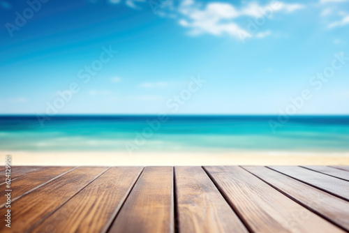 Wooden floor with blue sky and sea background. Summer concept. High quality photo