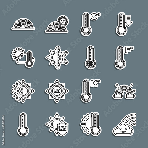 Set line Rainbow with cloud, clouds, Meteorology thermometer, Sun and snowflake, Thermometer sun, and icon. Vector