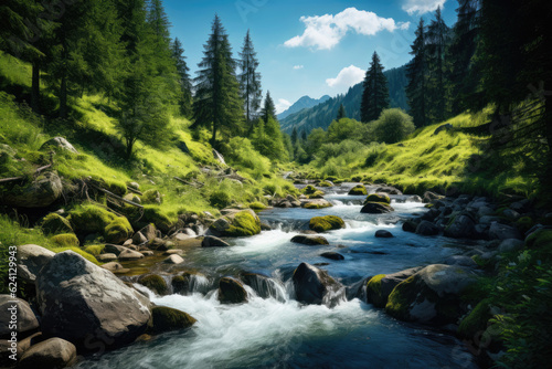 Mountain stream with fast water in summer time in Kazakhstan