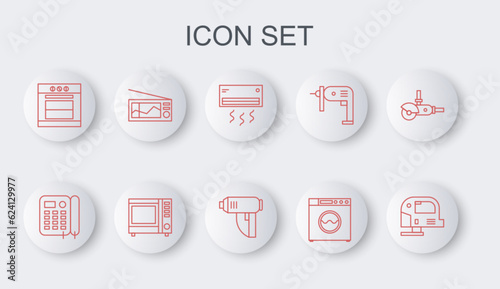 Set line Electric jigsaw, Telephone, Air conditioner, Washer, Oven, Radio, Microwave oven and industrial dryer icon. Vector