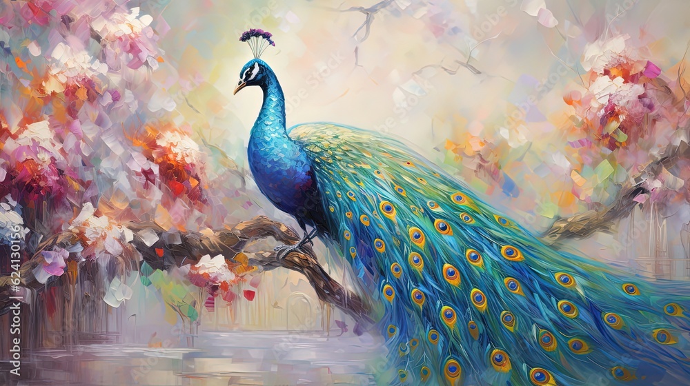 Fototapeta premium painting style illustration, beautiful peacock in flower garden, Generative Ai