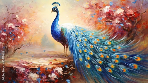 painting style illustration, beautiful peacock in flower garden, Generative Ai