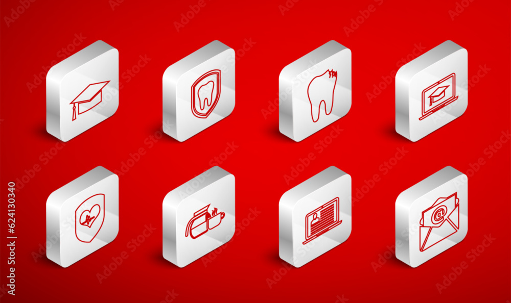 Set line Mail and e-mail, Dental protection, Broken tooth, Graduation cap laptop, Laptop with resume, Coffee pot cup and Shield heart rate icon. Vector Set line Mail and e-mail, Dental protection, Broken tooth, Graduation cap laptop, Laptop with resume, Coffee pot cup and Shield heart rate icon. Vector