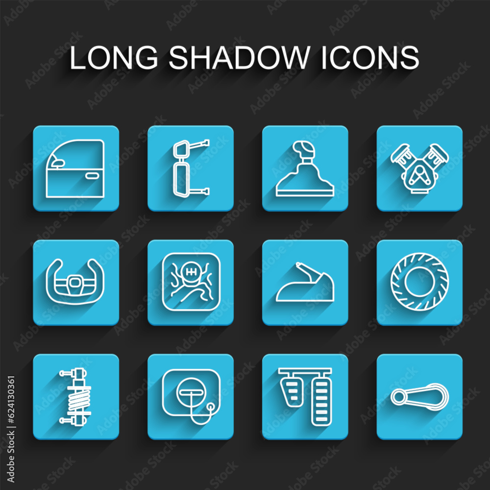 Set line Shock absorber, Oil filler cap at gas station, Car door, and brake pedals, handle, Gear shifter, tire and handbrake icon. Vector Set line Shock absorber, Oil filler cap at gas station, Car door, and brake pedals, handle, Gear shifter, tire and handbrake icon. Vector