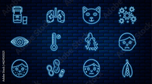 Set line Kidney beans, Inflammation on face, Pet, Medical digital thermometer, Reddish eye allergic conjunctivitis, Can container for milk, Runny nose and Lungs icon. Vector