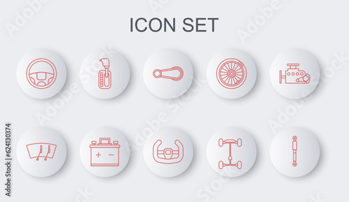 Set line Shock absorber, Windscreen wiper, Car door handle, Chassis car, Steering wheel, Gear shifter, battery and Sport steering icon. Vector