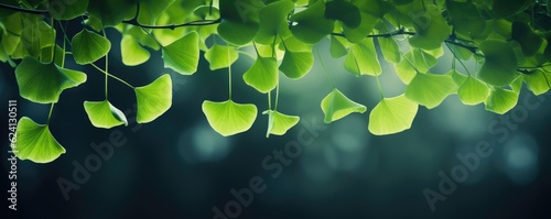  Green Ginkgo biloba leaves on dark background, nature panorama. Generative Ai.