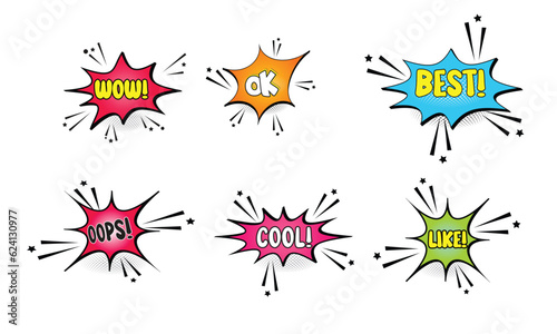 Set of speech bubbles. Set comics book balloon. Bubble speech phrase. Halftone shadows. Cartoon exclusive font label tag expression. Comic text sound effects. Cartoon balloon word design. 