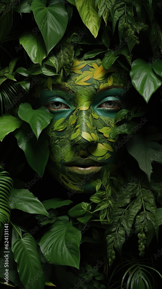 A woman covered in green leaves with her face painted. Generative AI.