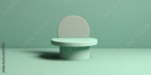 Round podium on green monochromatic background. Simple product pedestal  Generative AI.