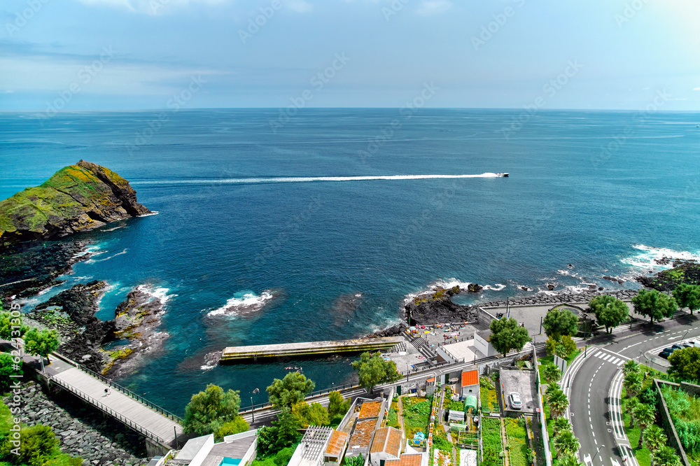 Beautiful nature of Azores Island with black volcanic beach