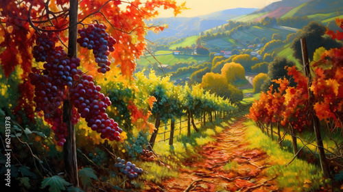 A steep vineyard in autumn. Generative Ai