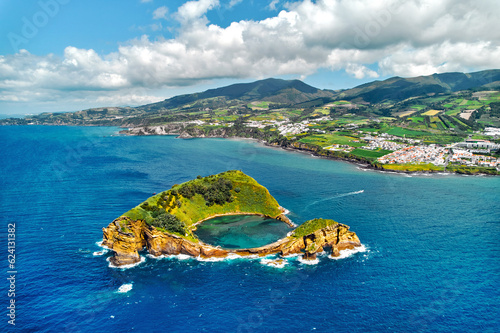 Fototapeta Aerial shot, drone point of view of picturesque Islet of Vila Franca do Campo