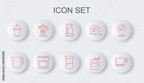Set line Coffee cup, pot, Aeropress coffee, Manual grinder, to go, moca, machine and Pour over maker icon. Vector