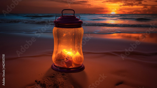 Leuchtende Laterne im Sand am Strand im Sonnenuntergang. Generative Ai