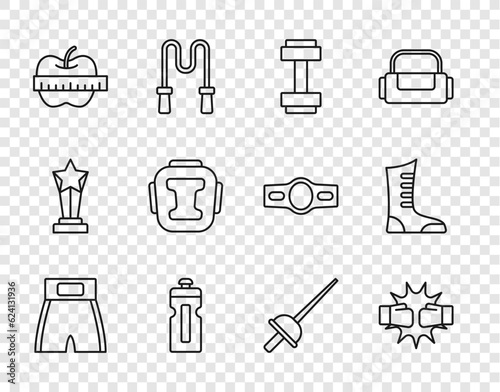 Set line Boxing short, Punch boxing gloves, Dumbbell, Fitness shaker, Apple and measuring tape, helmet, Fencing and Sport shoes icon. Vector