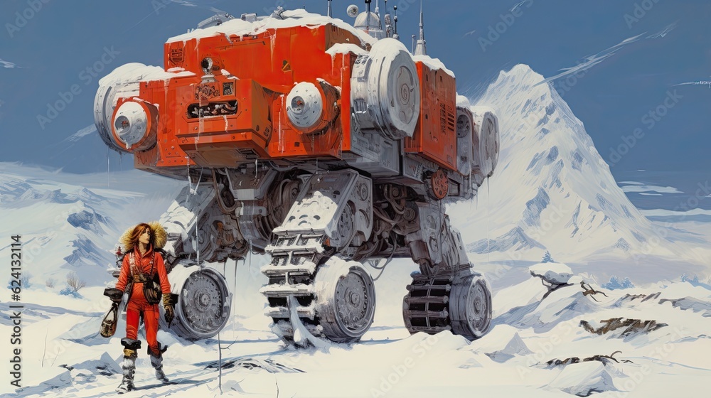 Fototapeta premium A man standing in front of a giant robot in the snow. Generative AI.
