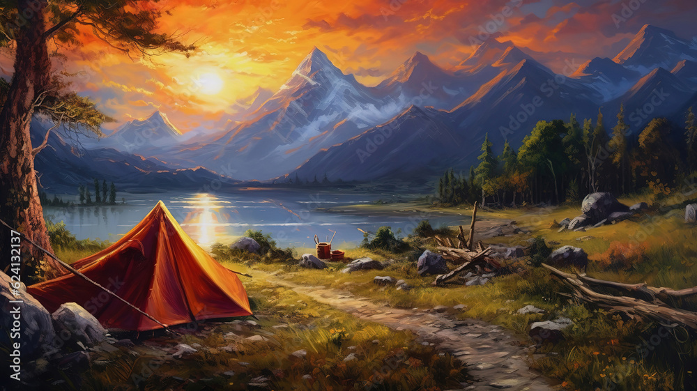 Camping in den Bergen bei Sonnenuntergang. Generative Ai