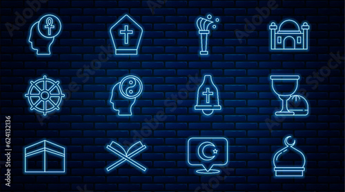 Set line Muslim Mosque, Holy grail or chalice, Aspergillum, Yin Yang, Dharma wheel, Cross ankh, Church bell and Pope hat icon. Vector