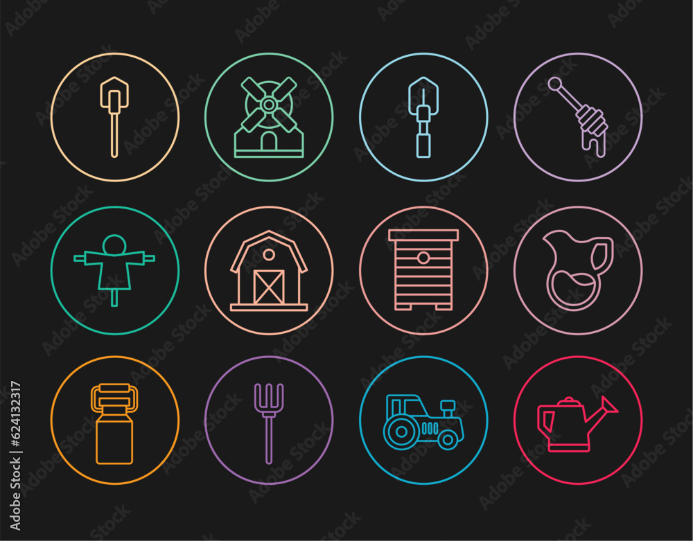Set line Watering can, Jug glass with milk, Shovel, Farm house, Scarecrow, Hive for bees and Windmill icon. Vector Set line Watering can, Jug glass with milk, Shovel, Farm house, Scarecrow, Hive for bees and Windmill icon. Vector