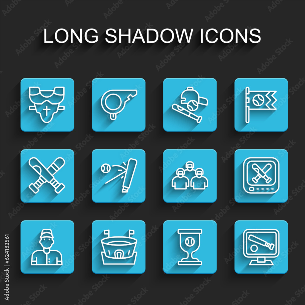 Set line Baseball player, arena, Player chest protector, Award cup with baseball, Monitor game, bat, and Team of players icon. Vector Set line Baseball player, arena, Player chest protector, Award cup with baseball, Monitor game, bat, and Team of players icon. Vector